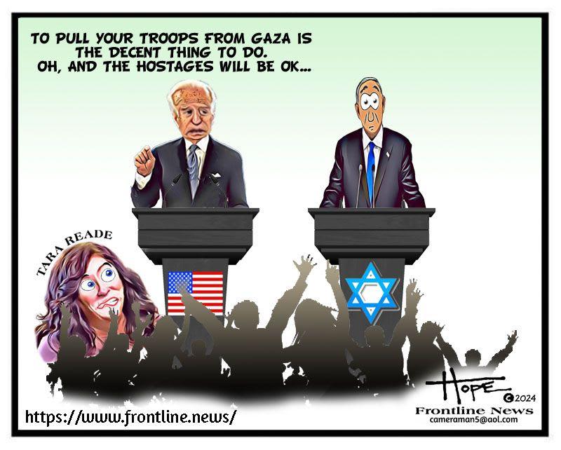 Cartoon for Biden, himself accused of sexual assault, tells Bibi to pull troops from Gaza, leaving behind female hostages suffering sexual assault - Published on January 09, 2024